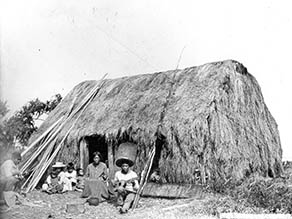 Hawaiian family and grass hut. 